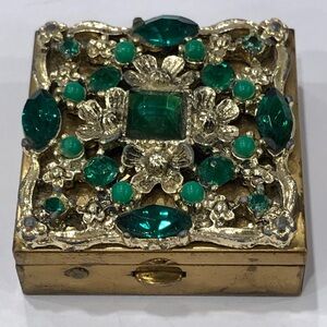 1950s Green Rhinestone Embellished Pill  Box Vintage Metal Old